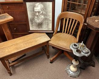 Miscellaneous oak furniture. Oak piano bench, swivel office chair and plant stands