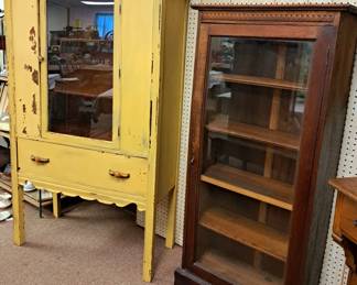 Primitive and painted furniture. Shabby chic painted cabinet hutch and primitive display cabinet 