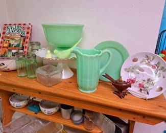 Jadite punch bowl, panel pitcher and plate 