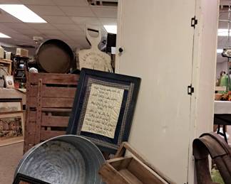 Primitives. Primitive painted chimney cabinet, enamel tubs and rustic wood items