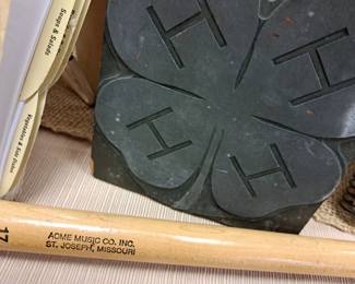 4 H vintage printers block and Acme Music pool cue