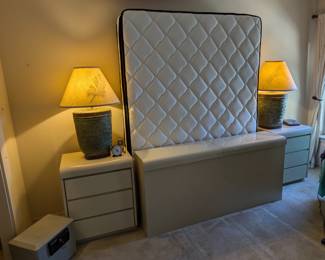 MCM Laminate Queen bed set - headboard, side tables and 6 drawer dresser. Barrel lamps with a floral motiff!