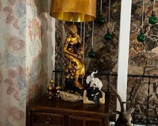 house pic gold lamp 56", bronze elk 35" x 32" tall