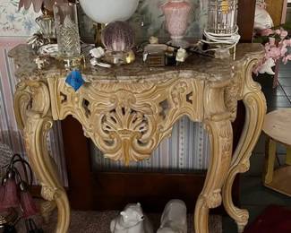 house pic wood-carved Louis XV French Regency table with marble top, lamps, porcelain Russian Polar Bears