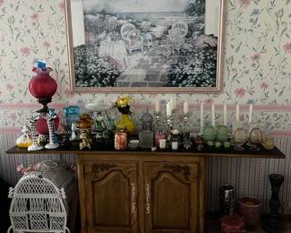 house pics server, candle holders, artwork, birdcage, Fenton double ball lamp