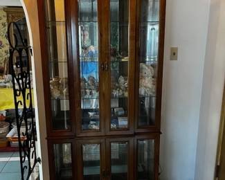 house pic tall curio, 36" x 75" tall x 13 deep, 5 glass shelves with plate grooves, beveled glass doors.