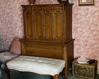 house pic MB tall dresser, brass box, upholstered bench, clock, lamp