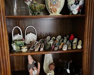 house pic shoe collection, vases, urn, candle chimneys, misc figurines