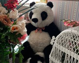 house pic 33" (sitting) panda stuffed animal, wicker birdcage, huge 72" tall floral arrangement