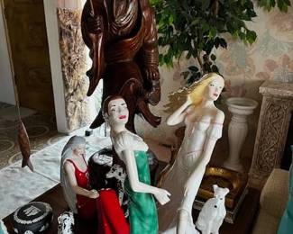 house pic ceramic ladies (approx 20"), a wood fisherman from San Francisco (approx 36" w/o pole)