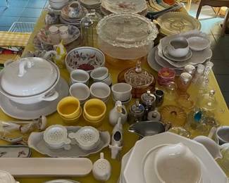house pics entertaining dining service items, cake stands, ceramic chargers, soup taurine, gravy boats, ramekins