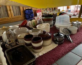house pic cooking tools, crock pots, bean pot, cake cover misc