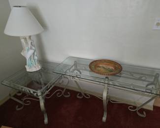 Glass top metal sofa table and 1 of 3 end tables