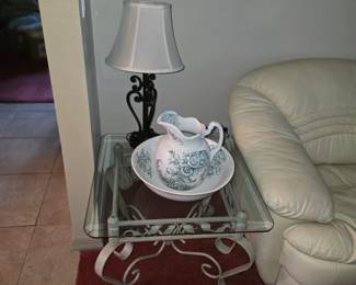Side table (1 of 3), antique water pitcher and basin, lamp