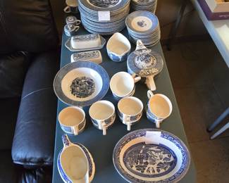 Currier and Ives and blue willow china.