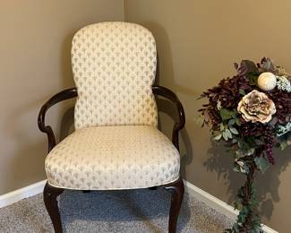 Queen Anne style arm chair & metal topiary