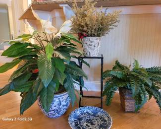 Artificial Plants, Mirrored Stand And Decorative Plate 