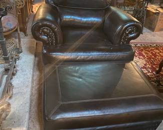 Leather chair with ottoman, nailhead trim, like NEW