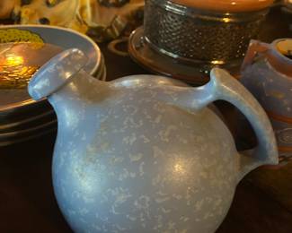 Rumrill pottery ball pitcher with stopper and cap