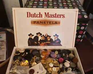 vintage sewing basket and buttons