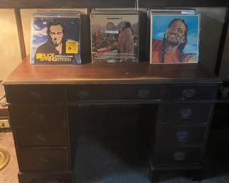 Duncan Phyfe antique desk and a collection of vinyl