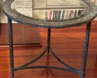 Verdigris finished metal table with antiqued mirror top
