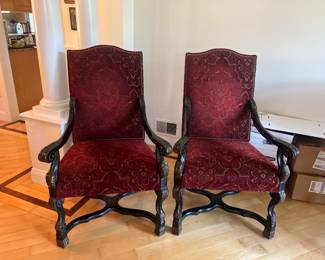 VTG MCM Regency Opulent Gold Metal Filigree Jeweled Hanging Swag Light Lamp $300
(16” Dia / 40”H to ceiling) 

2 Antique chairs - red fabric - set of 2 $500
(33” x 35”Deep x 43”H)

