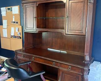 VTG MCM Regency Opulent Gold Metal Filigree Jeweled Hanging Swag Light Lamp $300
(16” Dia / 40”H to ceiling) 

2 Antique chairs - red fabric - set of 2 $500
(33” x 35”Deep x 43”H)

Desk 72” x 25”D x 81”H
(2 pieces) Includes chair  $350

Bookshelves - 2 available $150 each 
(32” x 17” x 81”H)