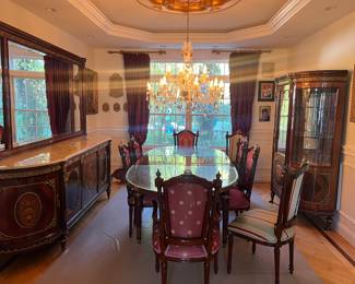 Stunning Dining room set. The detail is amazing.   $5800 or Best Offer 
Includes: Dining Table, leaf, 8 chairs, Large Buffet cabinet with marble top, and Glass lighted Hutch.  