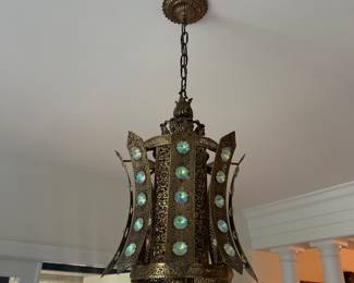 VTG MCM Regency Opulent Gold Metal Filigree Jeweled Hanging Swag Light Lamp $250
(16” Dia / 40”H to ceiling) 