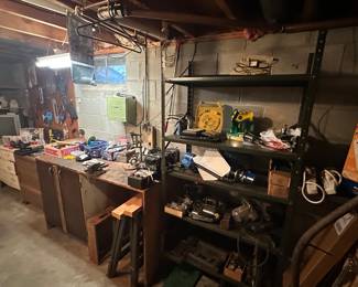 The work shop is filled with tools, hand held and electric, accessories, and much more!