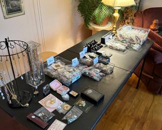 This is our jewelry table. Here are just some of the rings, necklaces, bracelets and more! Sterling, Gold Filled and some GREAT costume pieces!