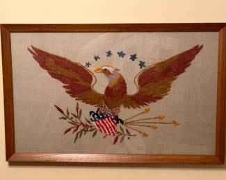 I think this piece is sweet! Obviously the American Eagle. It looks to be the E. Pluribus Unum version that you see on our currency! It is a needle point piece!