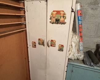The work shop is filled with tools, hand held and electric, accessories, and much more! Love this vintage metal cabinet! Has some sweet old advertising on it!