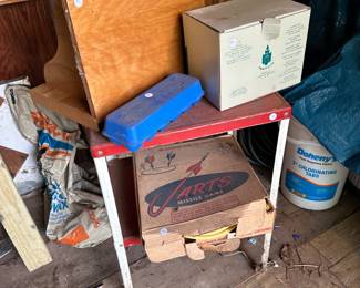 A nice Metal Cart that can be plugged in, A Vintage Lawn JARTS game and more! (PLEASE NOTE: None of the pool supplies are for sale in the shed.)
