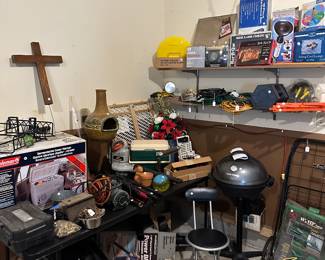 Back in the garage! FINALLY finished with the display! Tools, picnic items, grilling items, Dog Crate, Stool, Grill, Shop Vac and so much more!