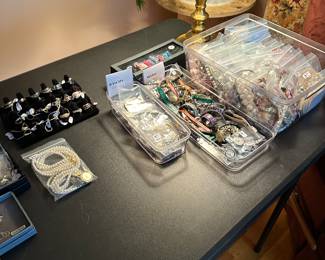 This is our jewelry table. Here are just some of the rings, necklaces, bracelets and more! Sterling, Gold Filled and some GREAT costume pieces!