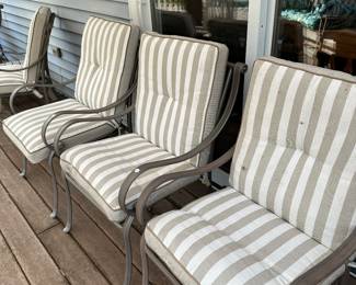 We have FIVE of these REALLY nice deck/patio chairs! All are sturdy, and ready togo. The cushions are in VERY GOOD to EXCELLENT condition too! Buy all five and save 10%!