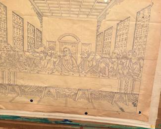 This is an unusual piece. It is a wooden, adjustable easel for painting! It has on it a great old vintage Last Supper outline.