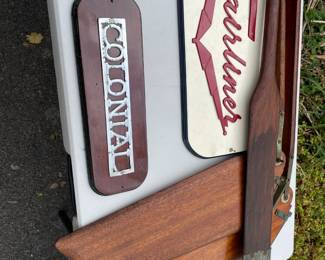 Vintage boat logos and mahogany sailboat rudders