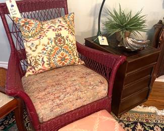 Cranberry Colored Wicker Chair, Stool, End Table
