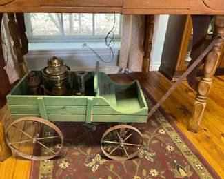 Miniature Wagon, Brass Candlesticks/Lanterns
