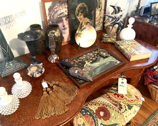 Goofus Glass Vases, Wall Pockets, Ladies Desk converted into a coffee table, Hobnail perfume bottles, Vintage Artwork