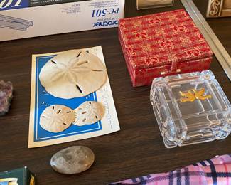 scarves, Irish wishing stone, Petoskey stone, sand dollars, stone figure in box, framed cross stitch, Brother fax machine