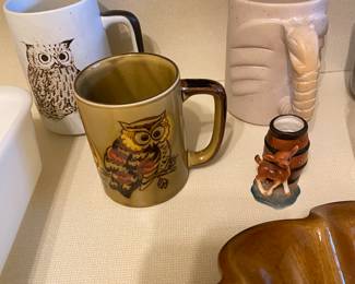 Owl mugs, deer and barrel figurine, elephant mug, wavy dish