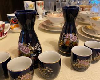 sake set, teacups and saucers, glassware