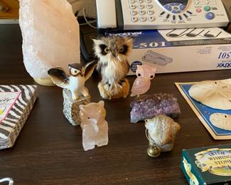 owl figurines, salt lamp, Brother fax machine and printer ink, sand dollars, paper napkins, Irish wishing stone, socks