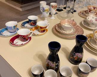 Sake set, teacups and saucers, glassware