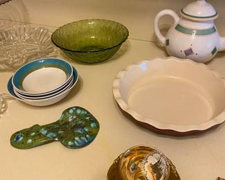 spoon rest, bowls, pie plate, teapot