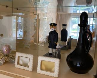 ceramic frames, decanter, captain figurine, candle holder, glass picture frame